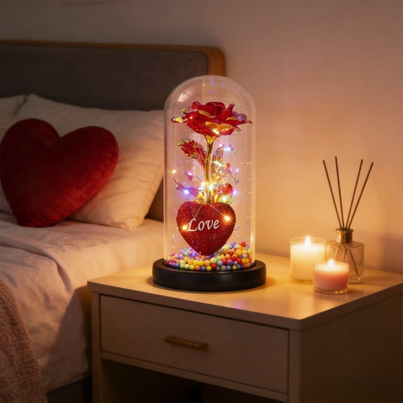 Red Rose Night Light Red Valentines Day Rose Heart Shaped Night Light Birthday Gift Starry Sky Glass Dome Preserved Crystal Flower Glowing Rose LED Light Romantic Present for Her Red Heart Light
