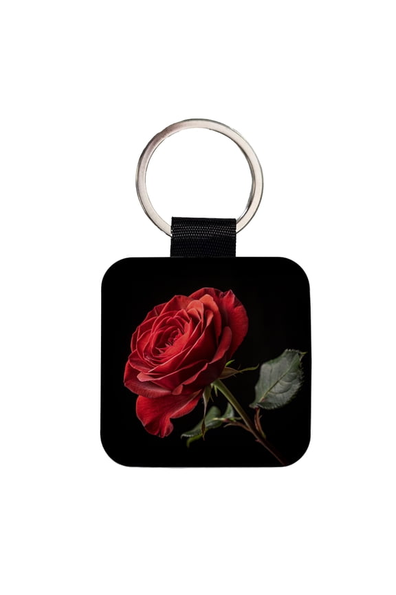 Red Rose On Black Background Faux Leather Square Keychain