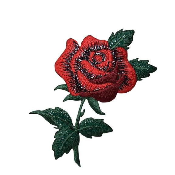 Red Rose - Open Petals on Stem - Iron on Applique/Embroidered Patch