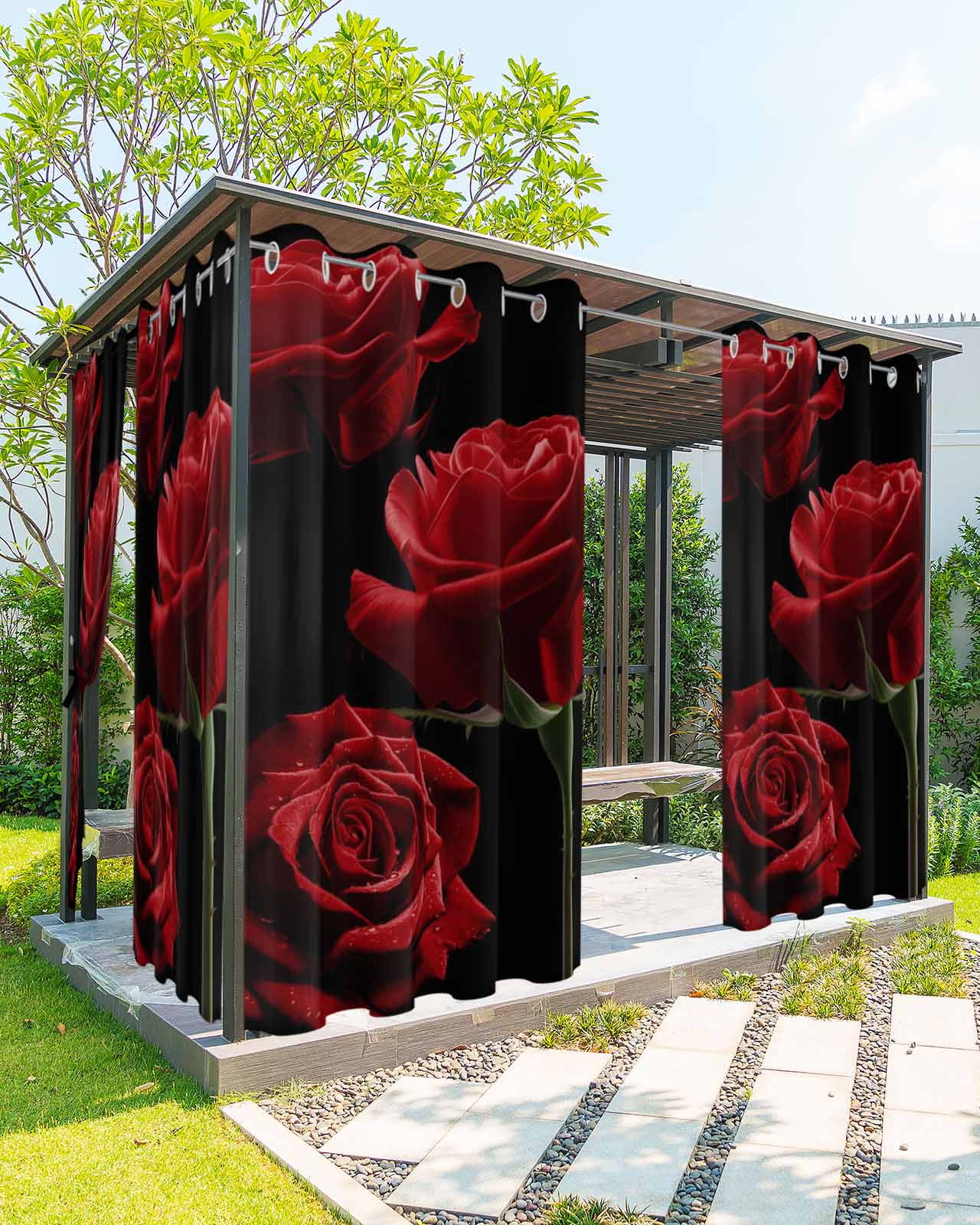 Red Rose Outdoor Curtains for Patio, Vintage Abstract Garden Flower Floral Black Privacy Drapes Grommet Waterproof Outside Curtains for Porch/Cabana/Balcony 54"x 108", 1 Panel