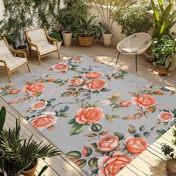 Red Rose Outdoor Rug 5x8 Ft - Reversible Patio Rug Outdoor Camping Rugs, Farmhouse Romantic Botanical Floral Vines Washable Indoor Outdoor Area Rugs, Non-Slip Outdoor Carpet Runner for Deck/Porch