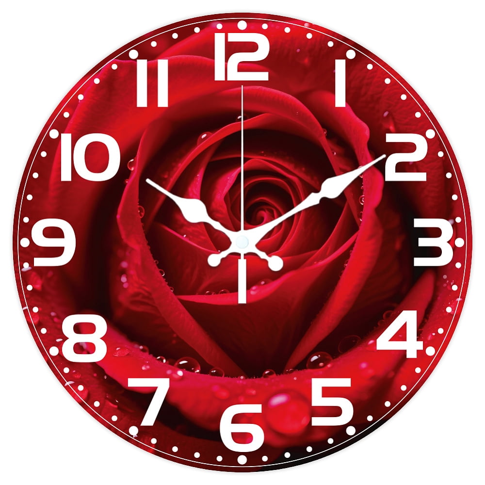 745 Clock Red Rose Pattern Wall Clock 12 Inch Non-Ticking Clocks Round Wall ...