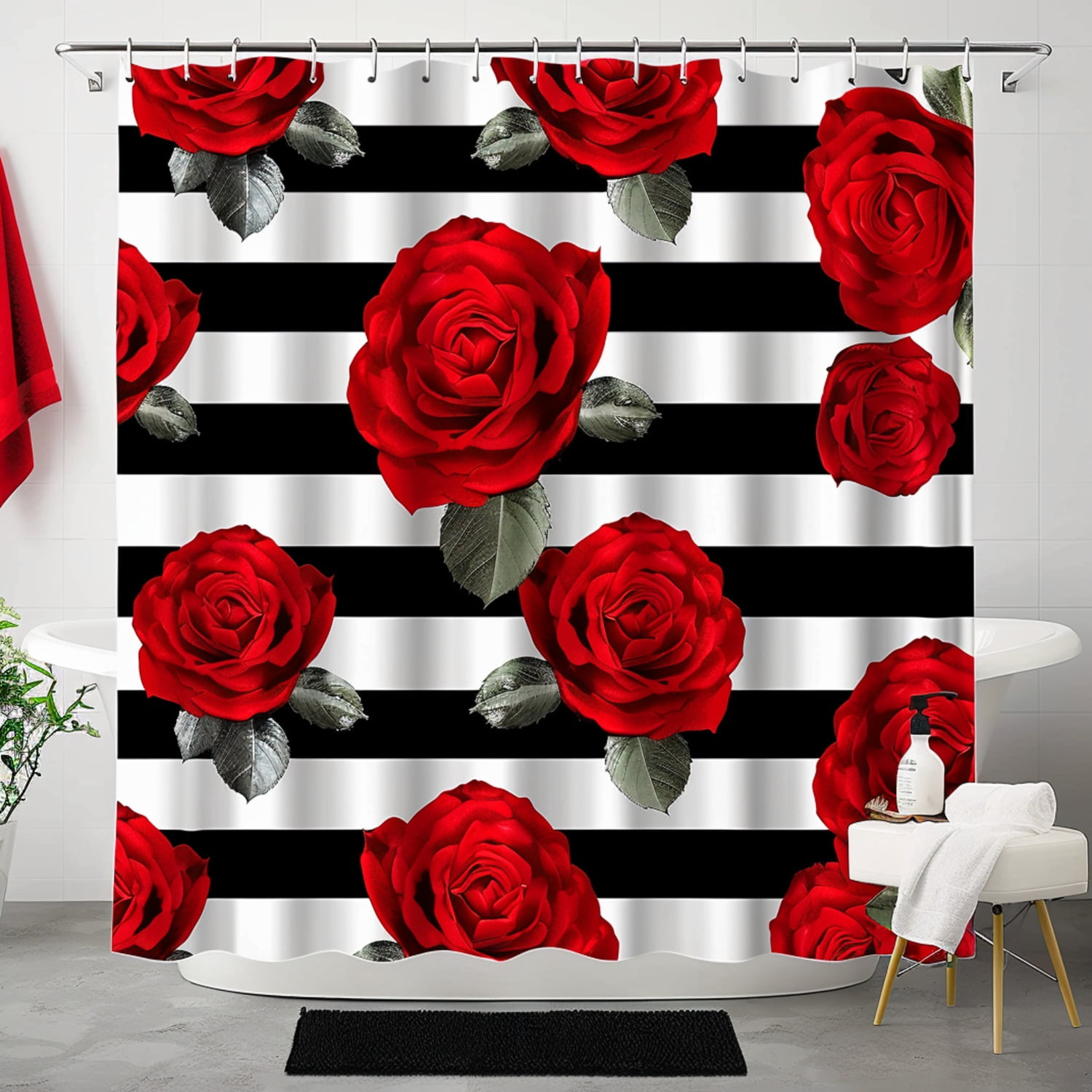 Red Rose Patterned Shower Curtain on Classic Black and White Stripes Elegant Bathroom Decor ...
