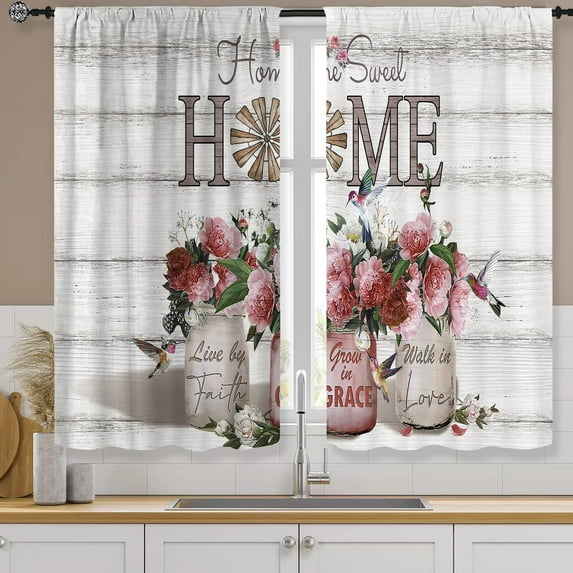 Red Rose Peony Kitchen Curtains 2 Panels Rod Pocket Farmhouse Vintage Country Short Cafe Tier Curtains Home Sweet Pink Bathroom Window Drapes Treatment Home Decoration (27.5W X 39L Inches)