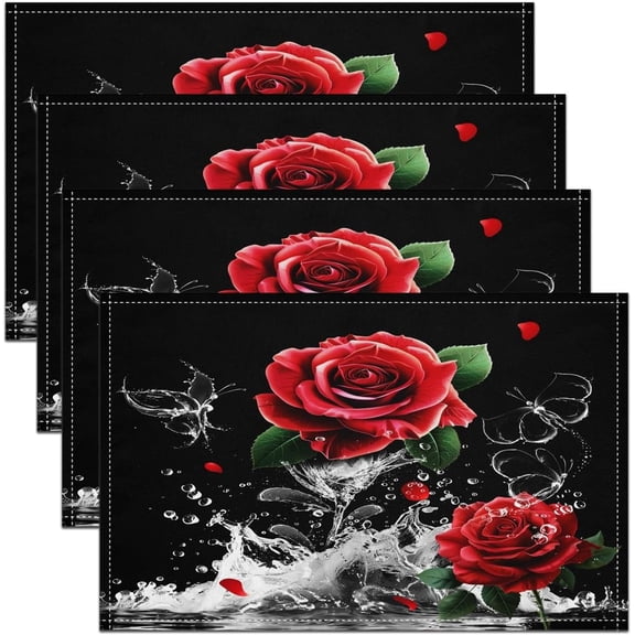 Red Rose Placemats Set of 4 Romantic Floral Blossom Table Place Mats for Girls Black Red Placemat for Kitchen Dining Table Women Reflection on Water Indoor Outdoor Decor Table Mats 18"x12"