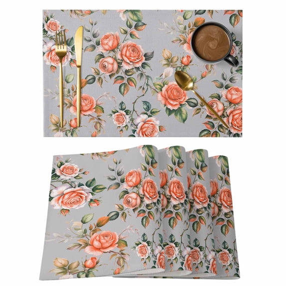 Red Rose Placemats Set of 6, Farmhouse Romantic Botanical Floral Vines Placemats for Dining Table, Place Mats for Kitchen Tabletop, Waterproof Wipeable Dining Table Mats Set