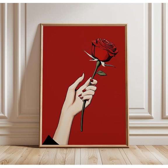 Red Rose Poster Hand Holding Flower Wall Art Romantic Minimal Decor, Unframed Poster
