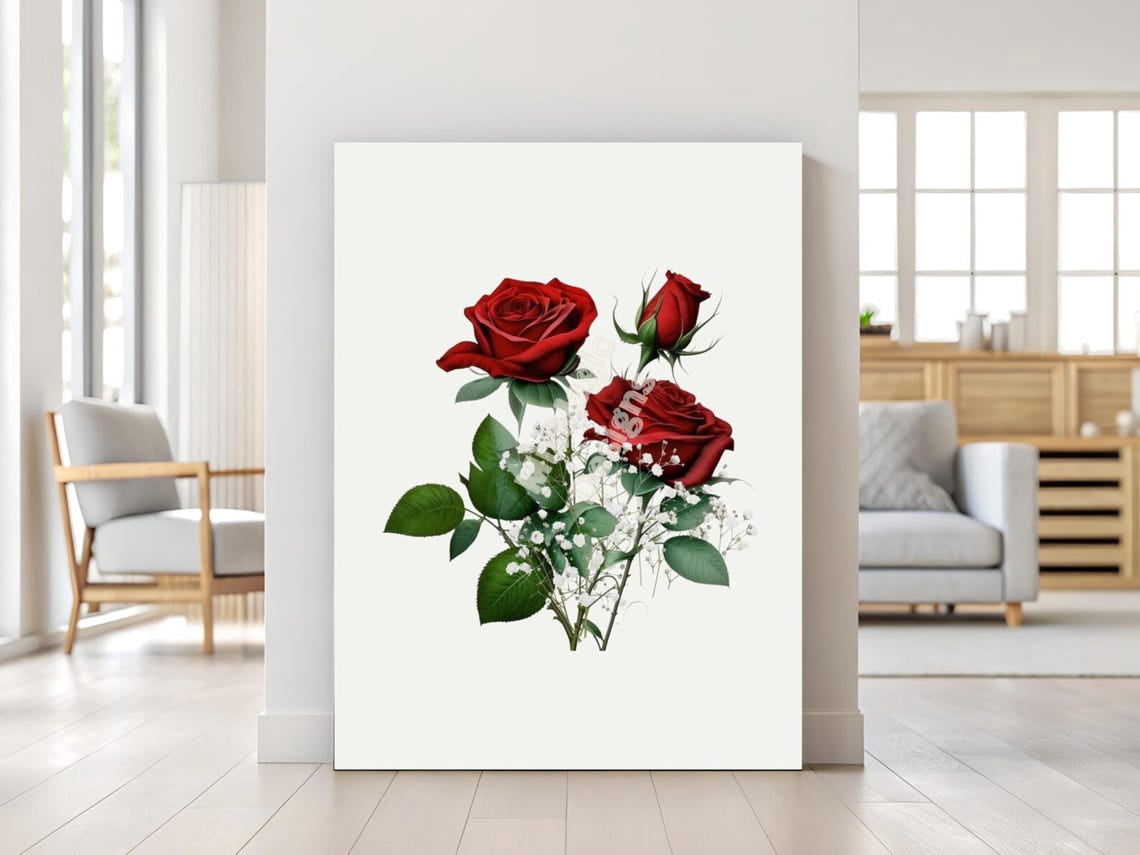 Red Rose Poster – Romantic Wall Art With Baby'S Breath Lovely Floral ...