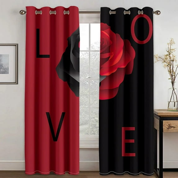 Red Rose Printed Digital Printing Bedroom Living Room Window Curtain 2 Pieces of Narrow Width Modern Aesthetically Cortinas