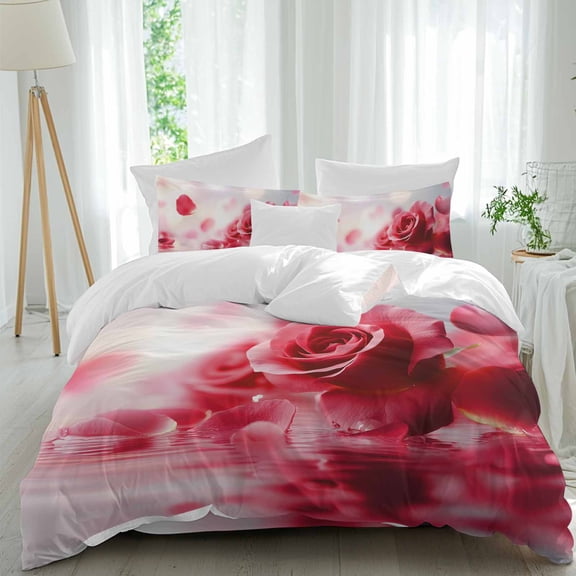 Red Rose Queen Duvet Cover Set, Floral Reflection 4 Piece Microfiber Bedding Set with Zipper Closure, Bed Sheet and 2 Pillow Shams, Soft Bedding Cover