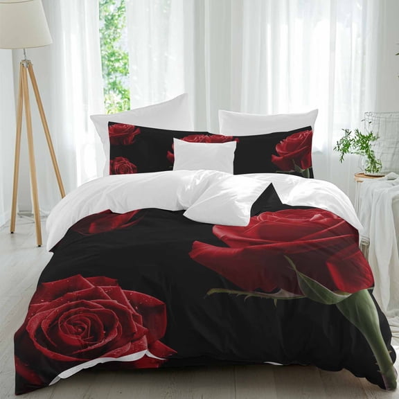 Red Rose Queen Size Comforter Set, Vintage Flower Garden Abstract Art Black Bedding for All Seasons, 4 Pcs Bed Set, 1Quiltcover (90"x92") ,1Sheet(94"x116"), 2Pillowcases (30"x20")