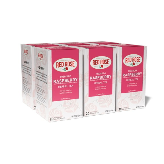 Red Rose Raspberry Herbal Tea Refreshing & Fruity Brewed Naturally Flavored Tea with 20 Individually Wrapped Tea Bags Per Box (Pack of 6) Caffeine Free Brew Hot
