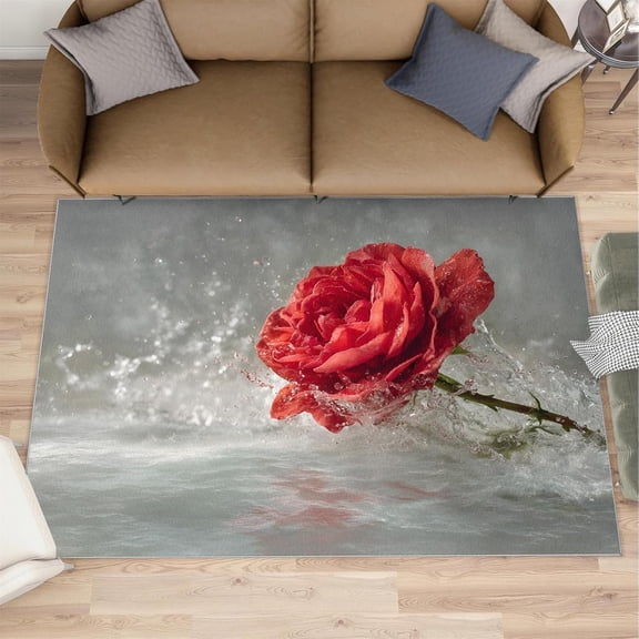 Red Rose Rug 4x6 - Modern Floral Area Rugs for Living Room, 4x6 Rug, 3D Roses Washable Rugs for Bedroom, Romantic Decor Carpet, Aesthetics Carpet - Valentine's Day Home Decor Gifts for Women