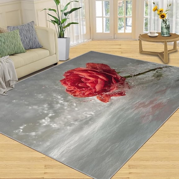 Red Rose Rug - Modern Floral Area Rugs for Living Room, 3D Roses Washable Rugs for Bedroom, Romantic Decor Carpet, Aesthetics Carpet - Valentine's Day Home Decor Gifts for Women 5 x 8ft