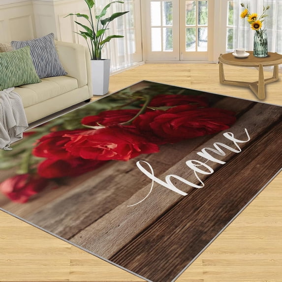 Red Rose Rugs for Living Room - Nordic Minimalist Area Rug, 5x8 Rug, Wooden Planks Washable Non Slip Rugs, Farmhouse Carpet, Floral Carpet - Red Rose Home Decor Gifts for Women