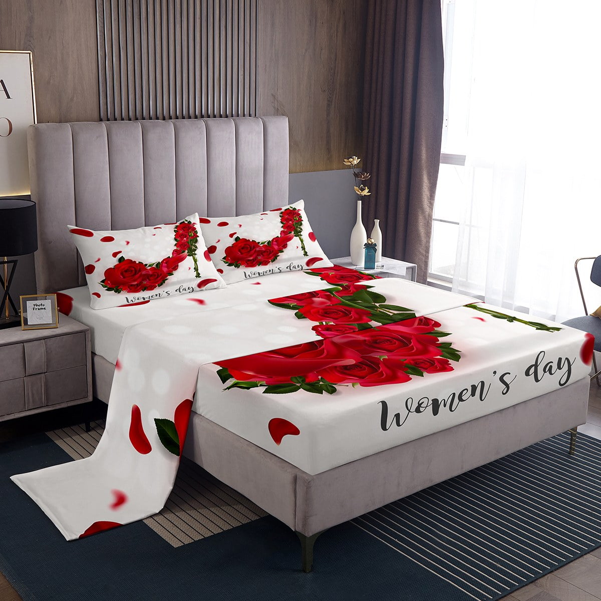 Red Rose Sheets Romance Floral High Heel Bed Sheets Set for Women'S Day