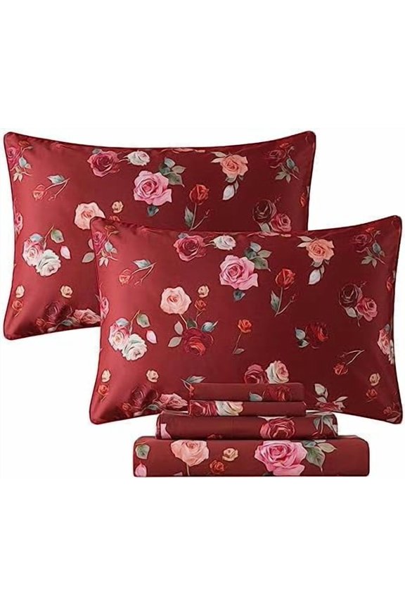 Red Rose Sheets Set Twin Vintage Rose Floral Bedding Chic Rose Flower Bed Sheets Shabby Farmhouse Bedding 100% Percale Egyptian Cotton 800 Thread Count Deep Pocket Fitted Sheet 4Pcs, Twin Size