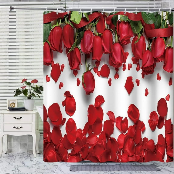 Red Rose Shower Curtain Red Elegant Rose and Petals Romantic Valentine''s Day Water Repellent Polyester Shower Curtain for Bathroom 72W x 84L inch