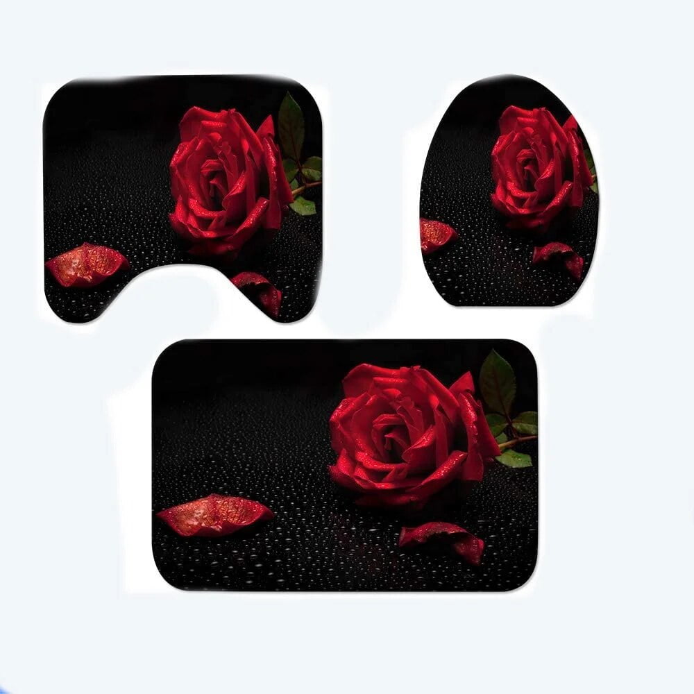 Red Rose Shower Curtain Sets NonSlip Rugs Toilet Lid Cover Bath Mats