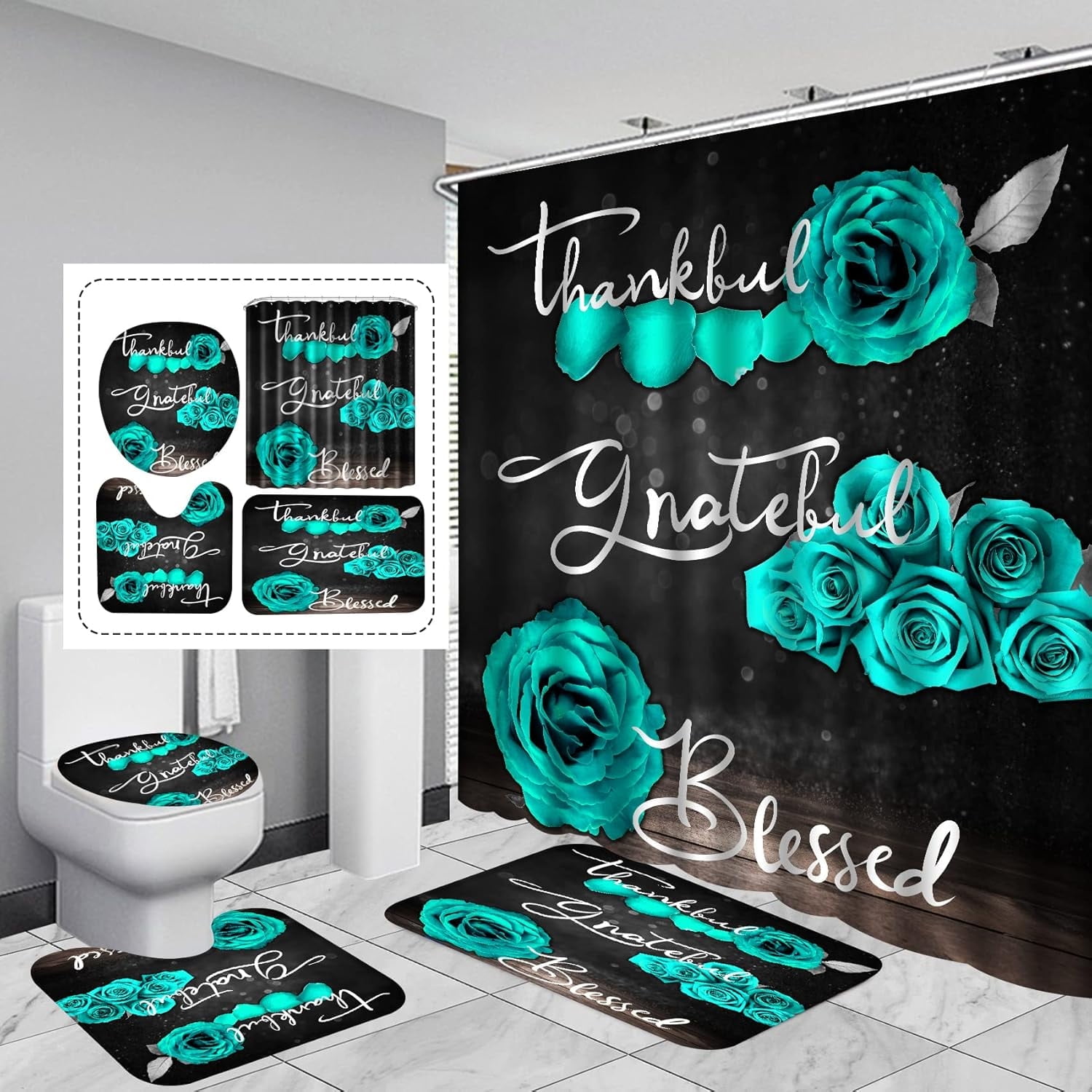 Teal Rose Shower Curtain Set, Thankful Grateful Blessed Turquoise Bathtub Curtain with Non-Slip Rug, Toilet Lid Cover, Bath Mat and 12 Hooks, Romantic Green Floral Bathroom Decor