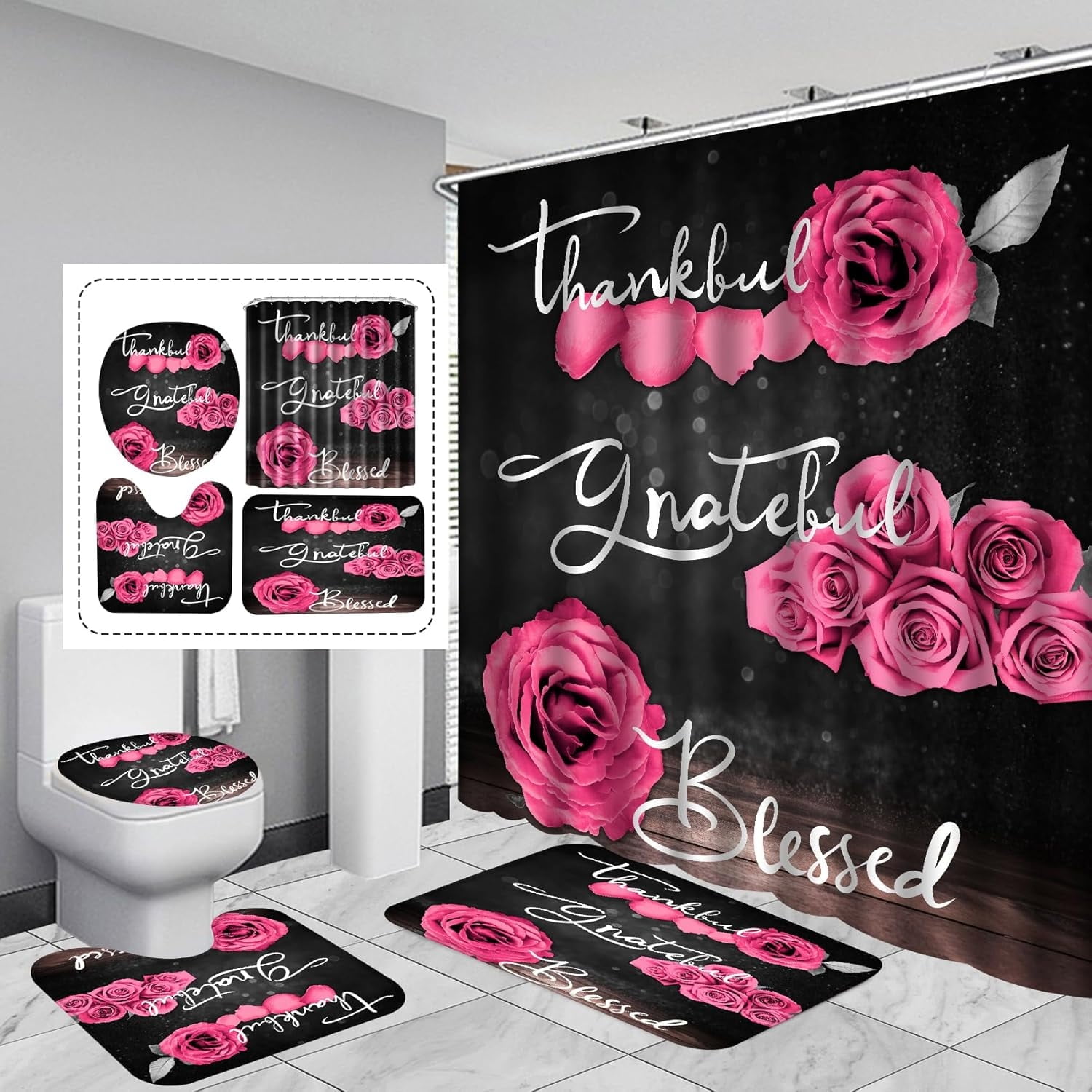 Pink Rose Shower Curtain Sets, Thankful Grateful Blessed Bathroom Curtain with Non-Slip Rug, Toilet Lid Cover, Bath Mat and 12 Hooks, Romantic Showy Floral Wedding Decor for Bath