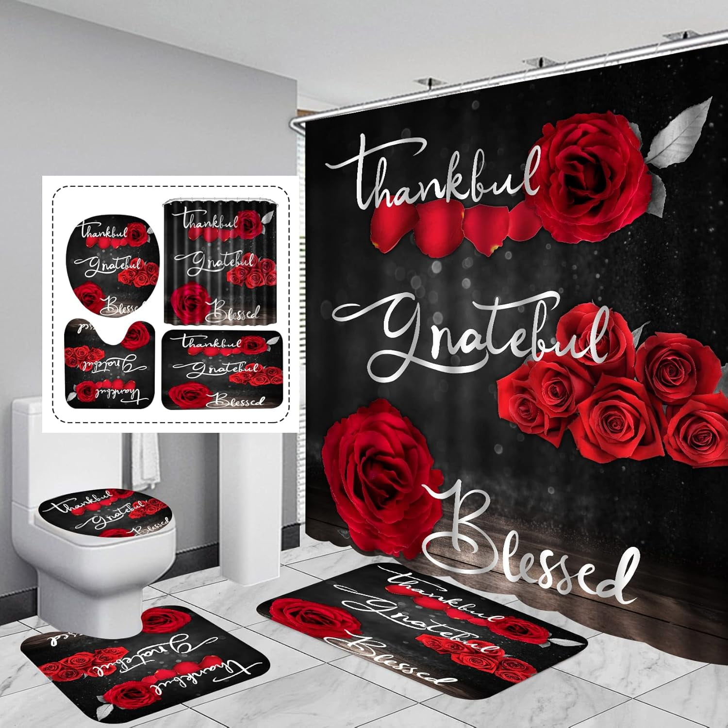 Red Rose Shower Curtain Sets, Thankful Grateful Blessed Bathroom Curtain with Non-Slip Rug, Toilet Lid Cover, Bath Mat and 12 Hooks, Romantic Showy Floral Wedding Decor for Bath