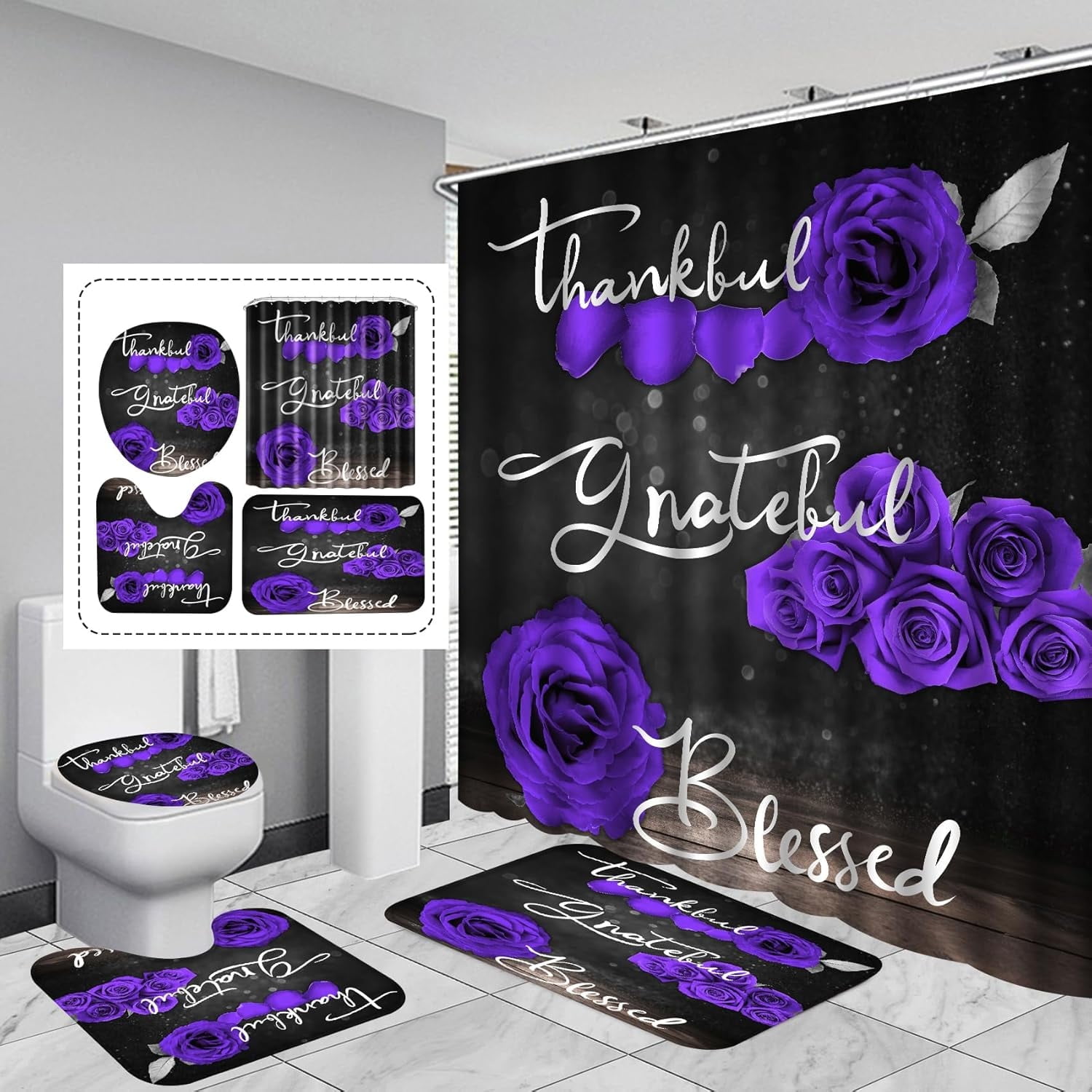 Purple Rose Shower Curtain Sets, Thankful Grateful Blessed Bathroom Curtain with Non-Slip Rug, Toilet Lid Cover, Bath Mat and 12 Hooks, Romantic Showy Floral Wedding Decor for Bath