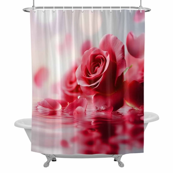 Red Rose Shower Curtain for Bathroom, Floral Reflection Waterproof Cloth Fabric Bathroom Accessories Set with 12 Rust Proof Plastic Hooks, 72"x72"