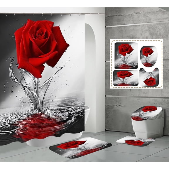 Red Rose Shower Curtains set with Rugs and Accessories for Bathroom Red Rose in Water Gray Background Bathroom Sets with Nonslip Rugs and Soft Bath Mat Toilet Seat Cover