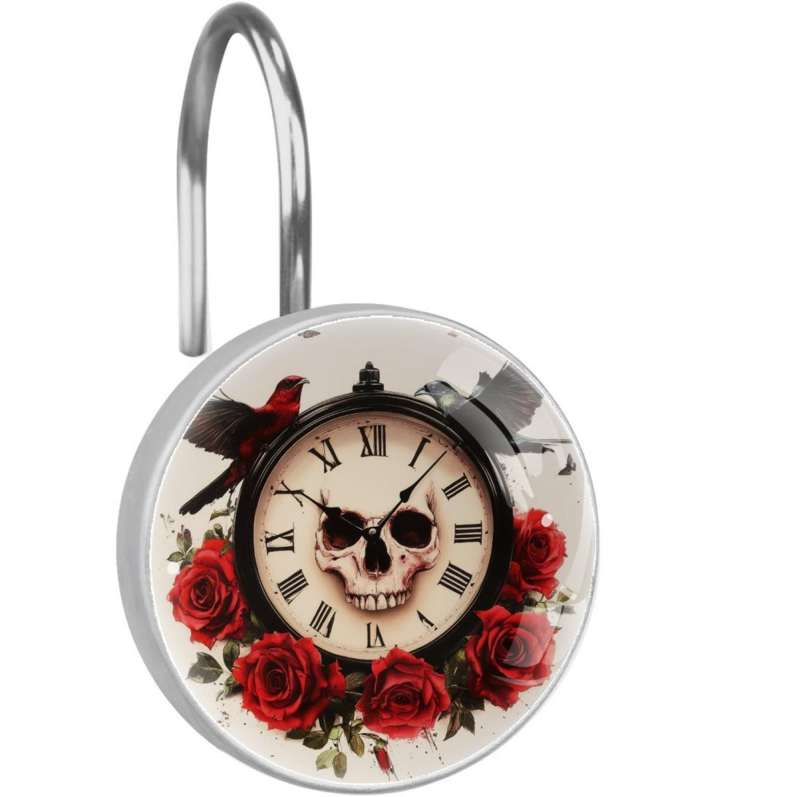 Red Rose Skull Clock Birds Shower Curtain Hooks Round Crystal Glass, Set of 12 Shower Curtain Rings - Shower Hooks for Curtain Shower Rings