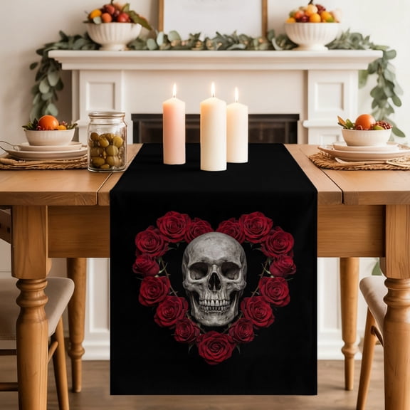 Red Rose Skull Dining Table Runner, Vintage Romantic Red Flower Dark Skeleton Black Washable Table Runners Kitchen Coffee Table Center Decor for Home Party Holiday Wedding 13 x 36 Inches
