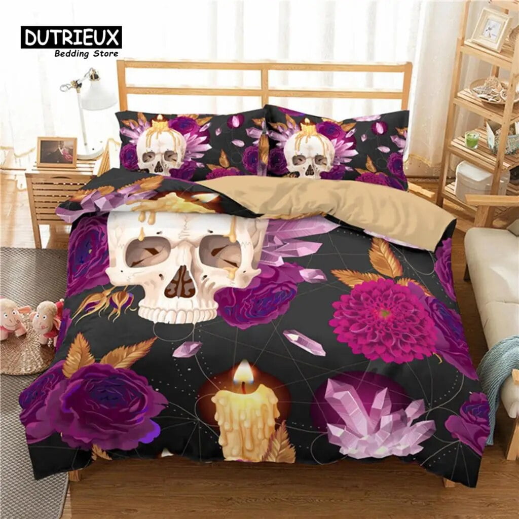Red Rose Skull Floral Bedding Set Skeleton Flowers Green Leaves Print