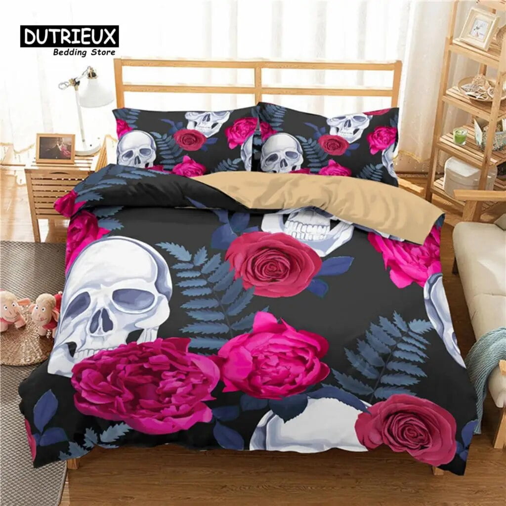 Red Rose Skull Floral Bedding Set Skeleton Flowers Green Leaves Print