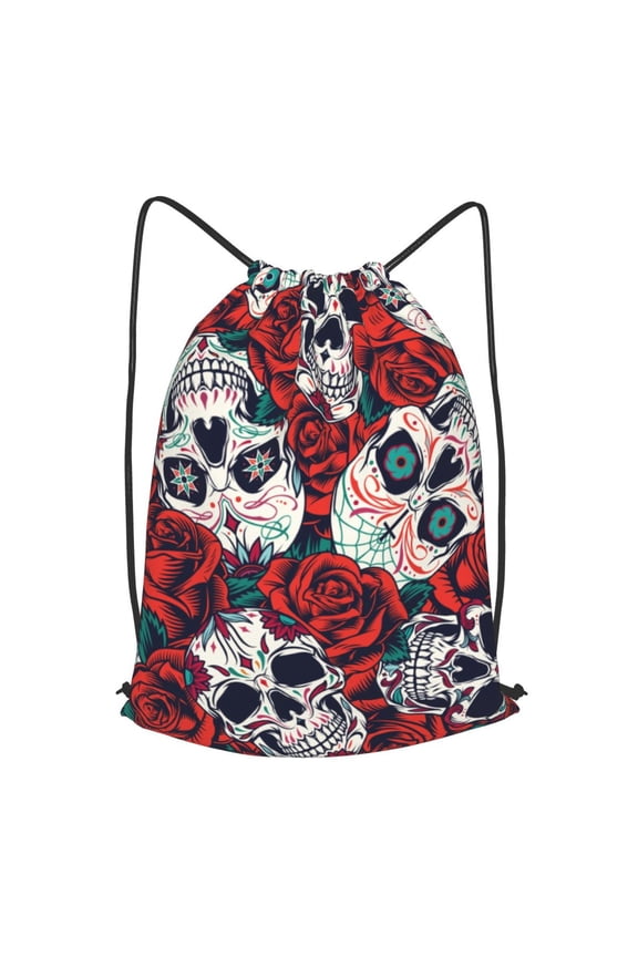 Red Rose Skull Skulls Head Drawstring Backpack Gym String Bag Sports Sackpack Cinch Sack, Large