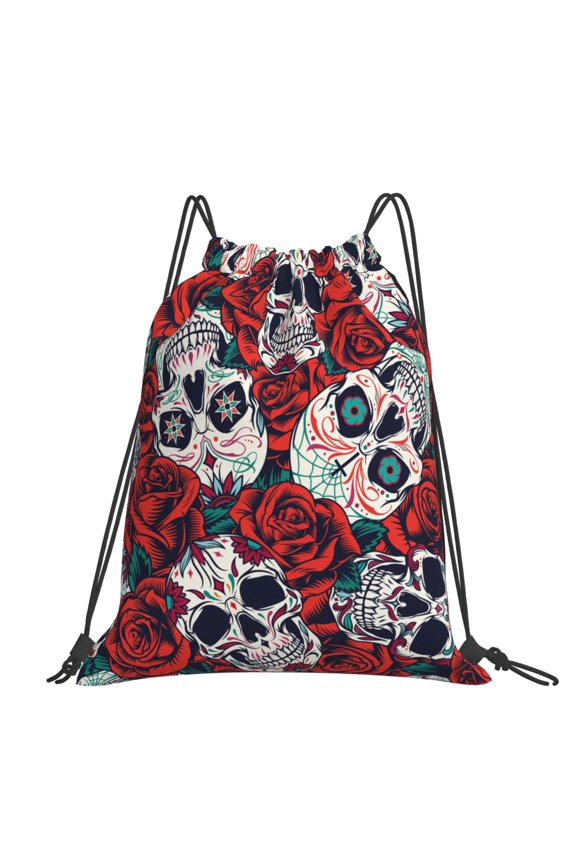 Red Rose Skull Skulls Head Large Drawstring Backpack Casual Cinch Sack Bag Backpack for Sports Hiking Travel Gym