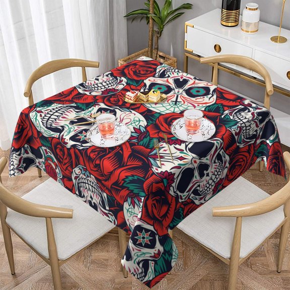 Red Rose Skull Skulls Head Square Tablecloth 54x54 Waterproof Table Cover for Dining Table, Parties, Weddings, Picnics, Cafes