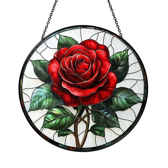 Roundup Design Red Rose Stained Glass Pattern Round Floral Design, Elegant Botanical ...
