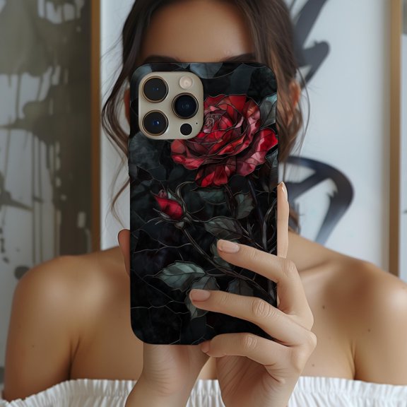 Red Rose Stained Glass Style Phone Case For iPhone Samsung Pixel Shockproof Hard Shell Romantic Flower Art