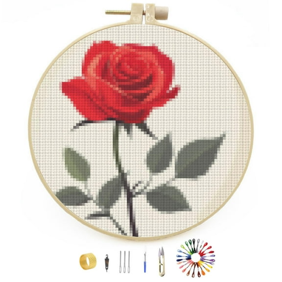 Red Rose Stamped Cross Stitch Kits for Beginners with Hoop Simple Patterns 11CT Counted Embroidery Needlepoint Crafts Arts for DIY Enthusiasts and Home Decor 26x26cm