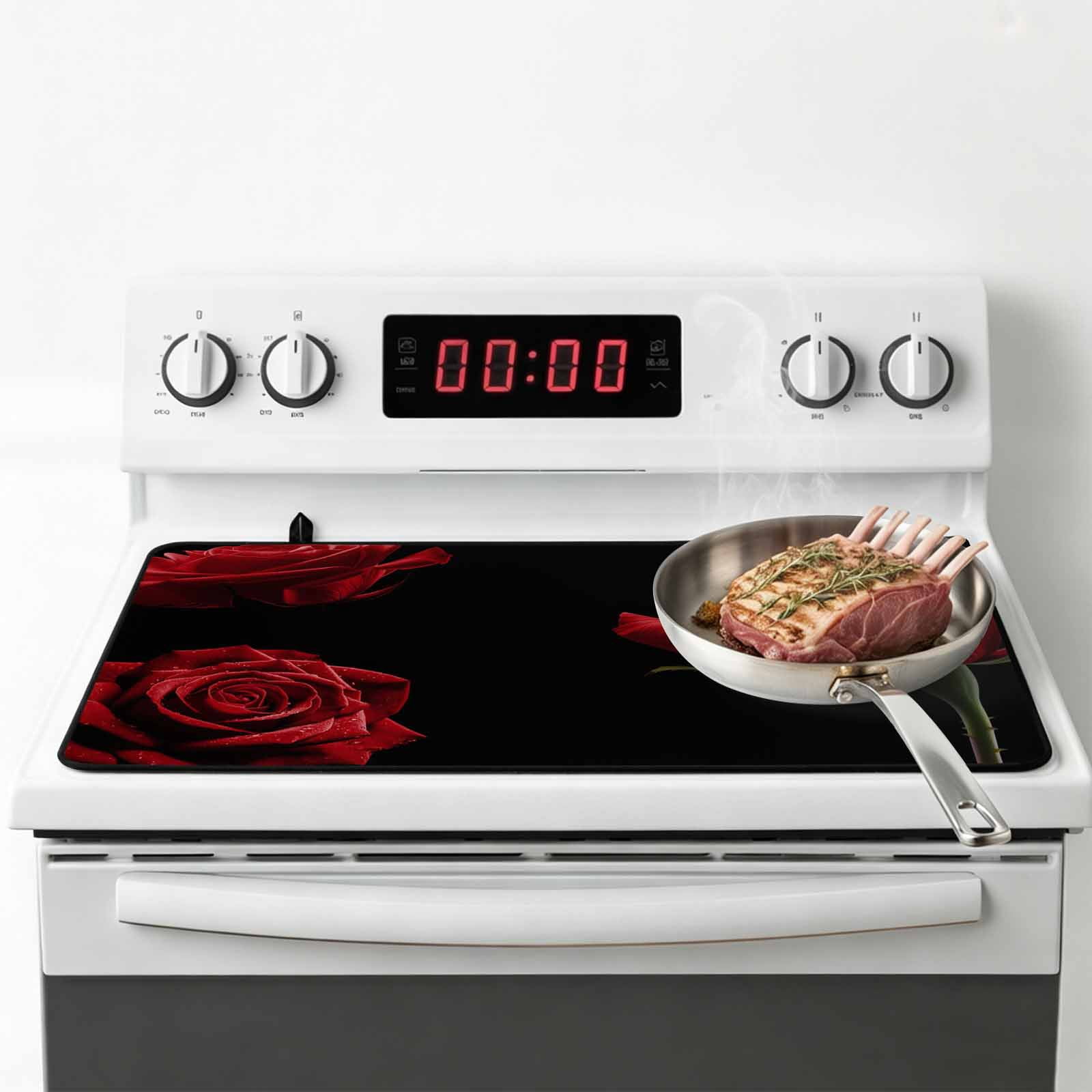 Red Rose Stove Top Cover for Electric Stove, Heat-proof & Non Slip Glass Top Stove Cover Protector, Vintage Abstract Garden Flower Floral Black Kitchen Flat Cooktop Rubber Mat 36x21 Inches