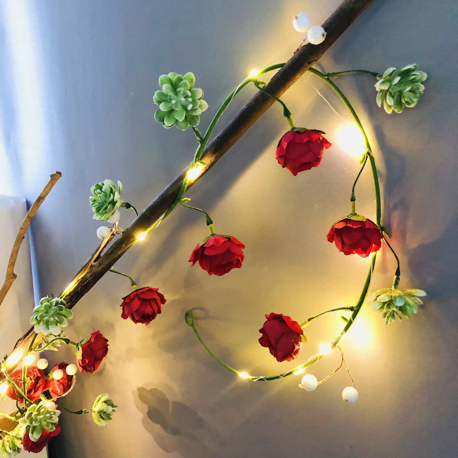 Red Rose Succulent Vines with Lights, Artificial Roses Garland with 6.56 Feet 20 Warm White LEDs String Lights Fairytale Lights with Flower Vine for Wall Shelf Wedding