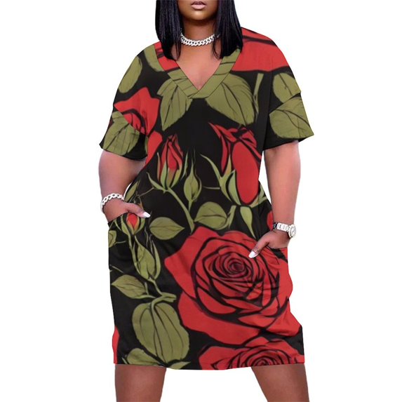 Red Rose Summer Sundress for Curve Women Casual Pattern Plus Size V Neck Short Sleeve Loose Fit Oversize Dresses