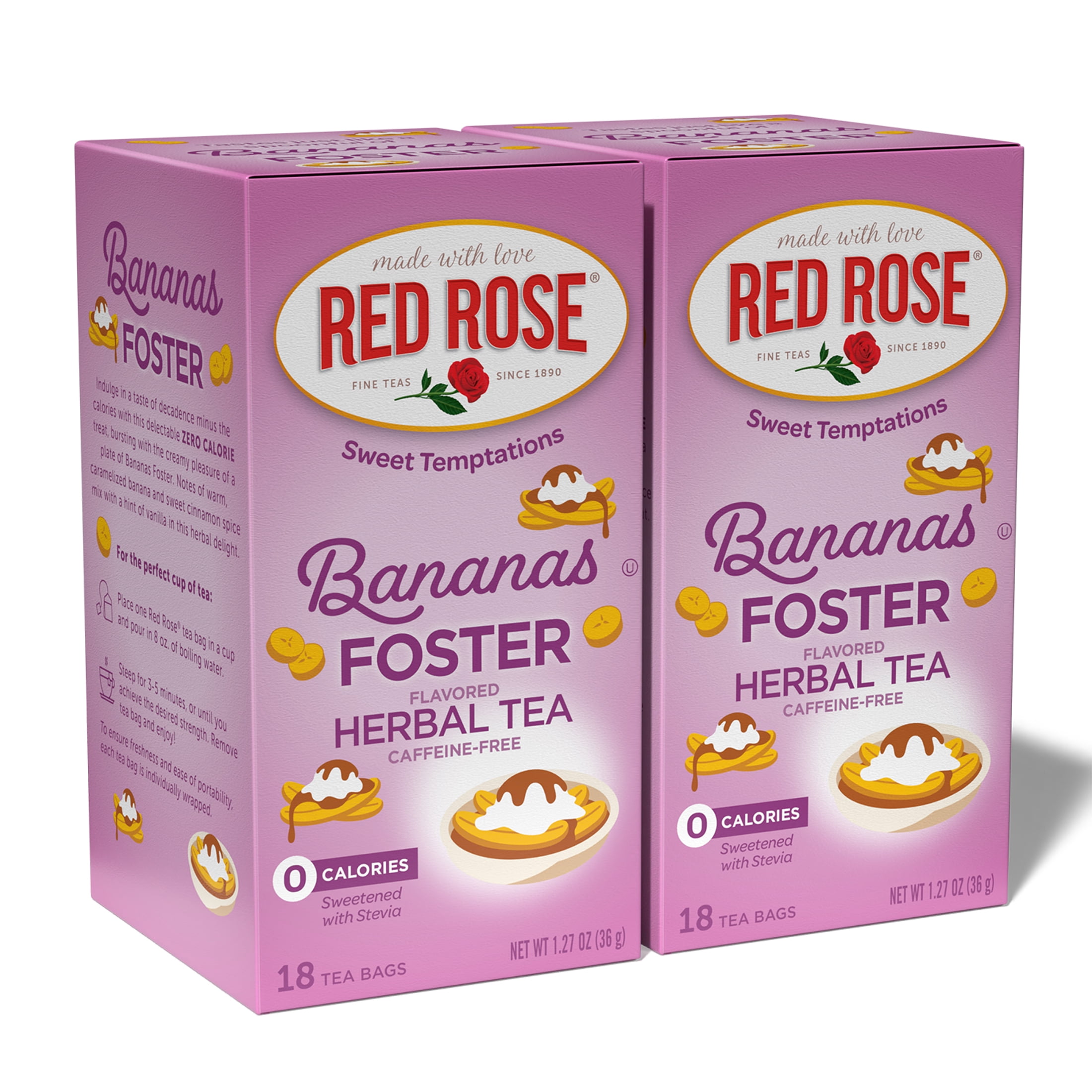 Red Rose Sweet Temptations Dessert Tea Bananas Foster, Zero Carbs, Zero Sugar Bursting with Flavor Caffeine-Free Delicious Beverage Herbal Tea, 18 Count Fruit Naturally Flavored Herbal Tea Pack of 2