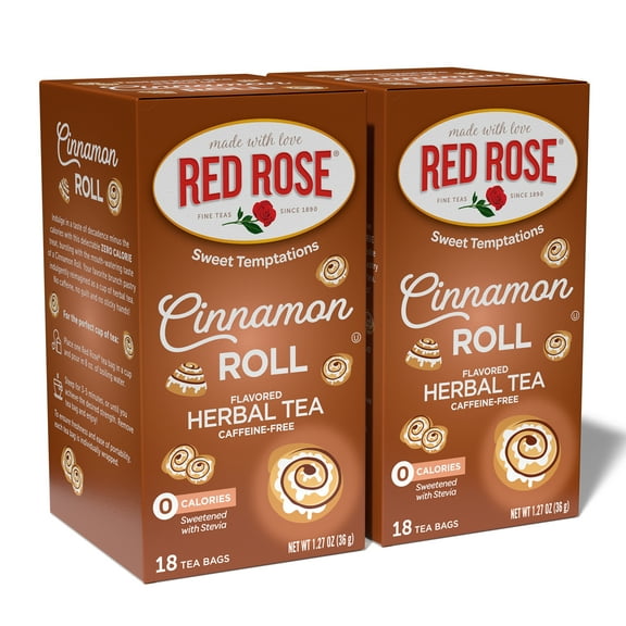 Red Rose Sweet Temptations Dessert Tea Cinnamon Roll, Zero Carbs, Zero Sugar Bursting with Flavor Caffeine-Free Delicious Beverage Herbal Tea, 18 Count Pack of 2 Fruit Naturally Flavored Herbal Tea