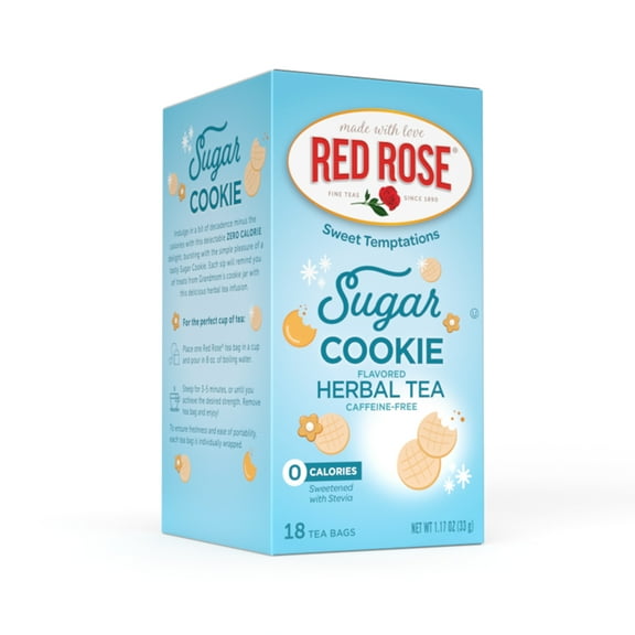 Red Rose Sweet Temptations Dessert Tea Sugar Cookie, Zero Carbs, Zero Sugar Bursting with Flavor Caffeine-Free Delicious Beverage Herbal Tea, 18 Count of Fruit Naturally Flavored Herbal Tea