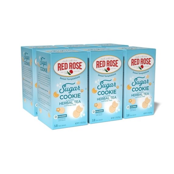 Red Rose Sweet Temptations Dessert Tea Sugar Cookie, Zero Carbs, Zero Sugar Bursting with Flavor Caffeine-Free Delicious Beverage Herbal Tea, 18 Count Pack of 6 Fruit Naturally Flavored Herbal Tea