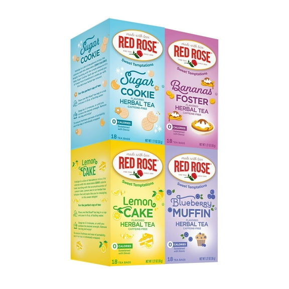 Red Rose Sweet Temptations New Flavors Variety Pack: Blueberry Muffin, Lemon Cake, Sugar Cookie and Bananas Foster (Pack of 4)