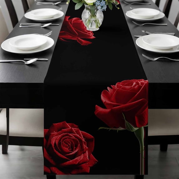 Red Rose Table Runner 120 Inches Long, Vintage Abstract Garden Flower Floral Black Kitchen Coffee Dining Table Decoration for Home Party Birthday Wedding Home Decor 13x120 Inches