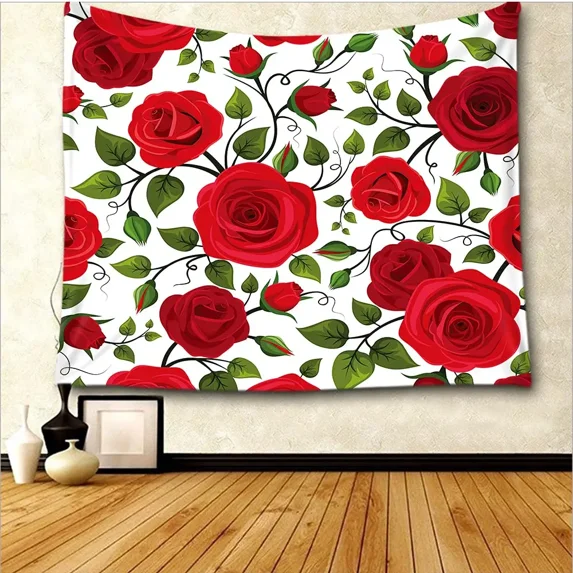 Red Rose Tapestry Flower Plant Tapestry Botanical Nature Tapestry Red and Black for Bedroom Living Room Wall Decor (8,W150xH130cm)