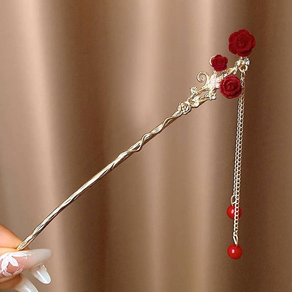 Red Rose Tassel Hair Sticks Women Antique Pearl Hairpin Female Hair Fork Pan Hair Chopsticks Headdress Valentine's Day Gift